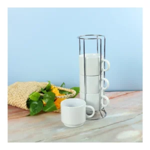 Ceramic Coffee Cups Set 4Pcs in Silver Metal Rack - Image 5