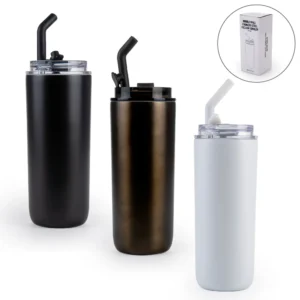 Double Wall SS Tumblers with Transparent Lid and Metal Straw - 500ml - Image 1